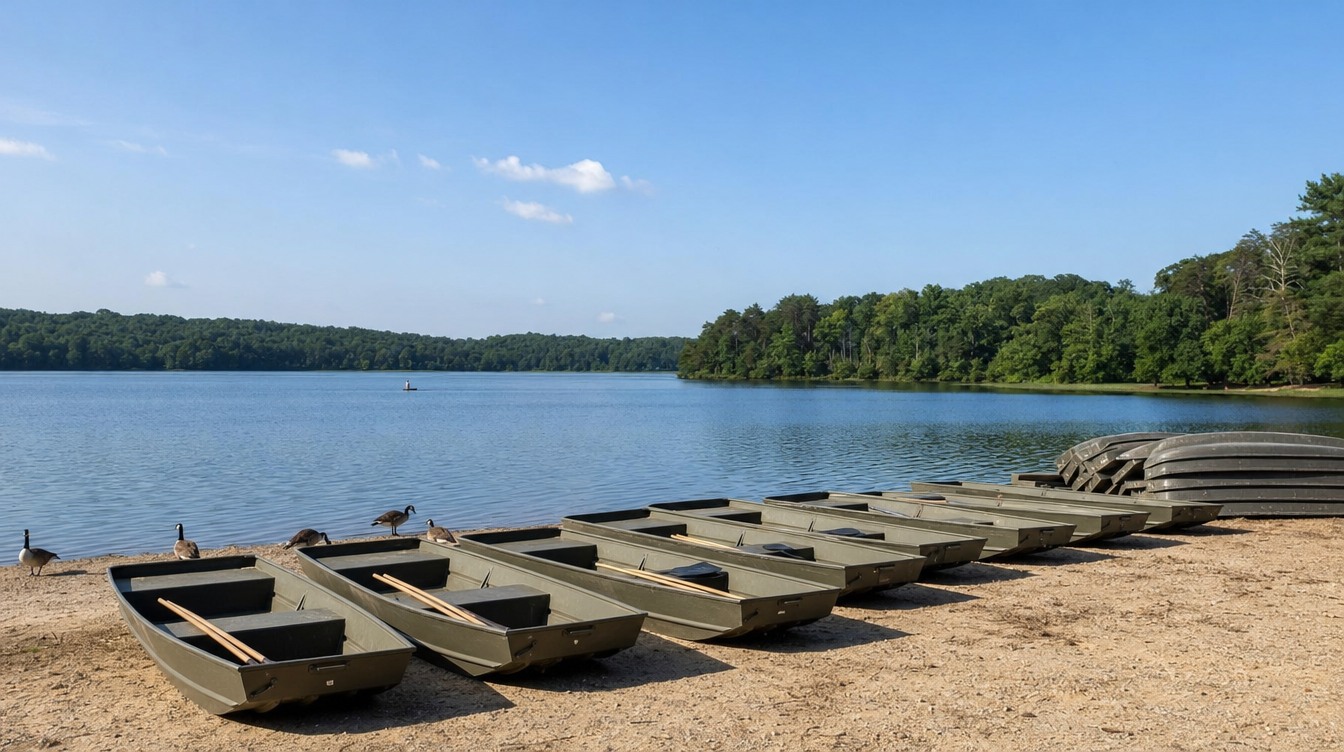 Dark olive-green rental jon boats pulled up in a row on the sandy beach at the Burke Lake marina on a clear summer morning, with more stacked upside down, Canada geese at the water and a wooded far shore