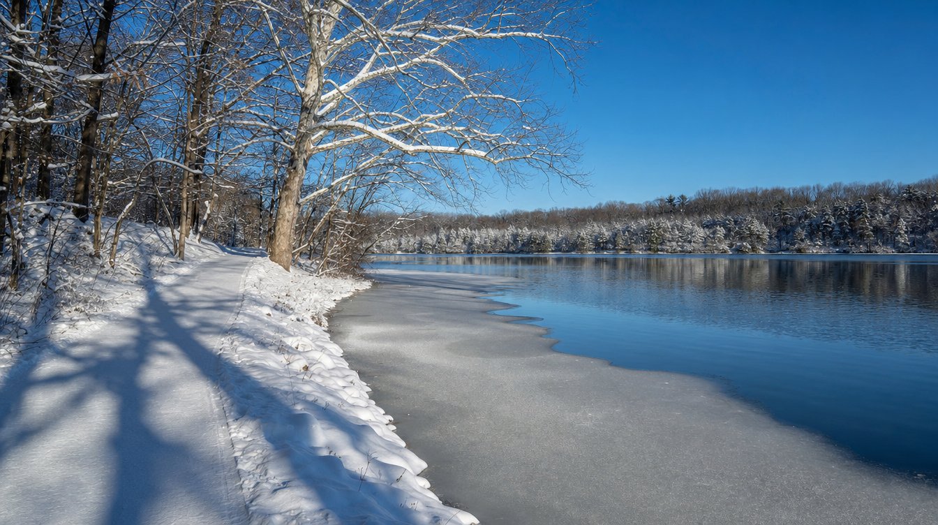 The Burke Lake shoreline trail after a snowfall, with snowy banks under bare white-barked sycamores, a skin of ice along the shore and open blue water beyond