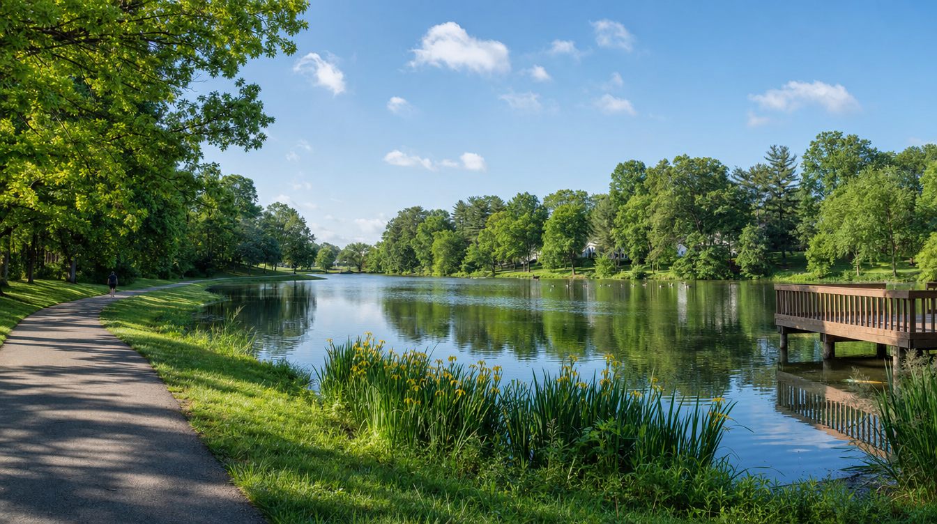 Lake Braddock on a bright early-summer day, with yellow iris along the bank, a paved path under shade trees, a wooden deck over the water and houses glimpsed across the lake