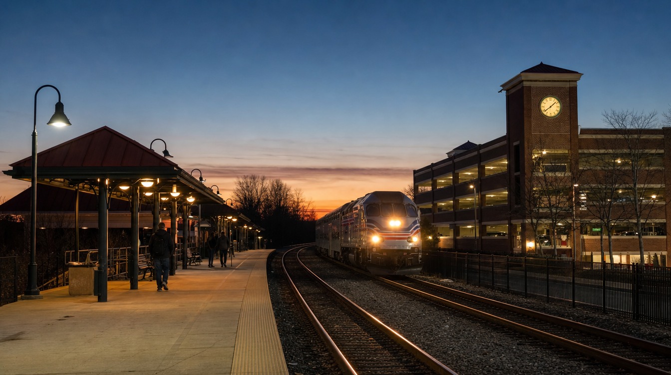 A silver commuter train with its headlights on arriving at the Burke Centre VRE station at dusk, beside the long platform with its green canopies and old-style lamps and the brick parking garage with its clock tower
