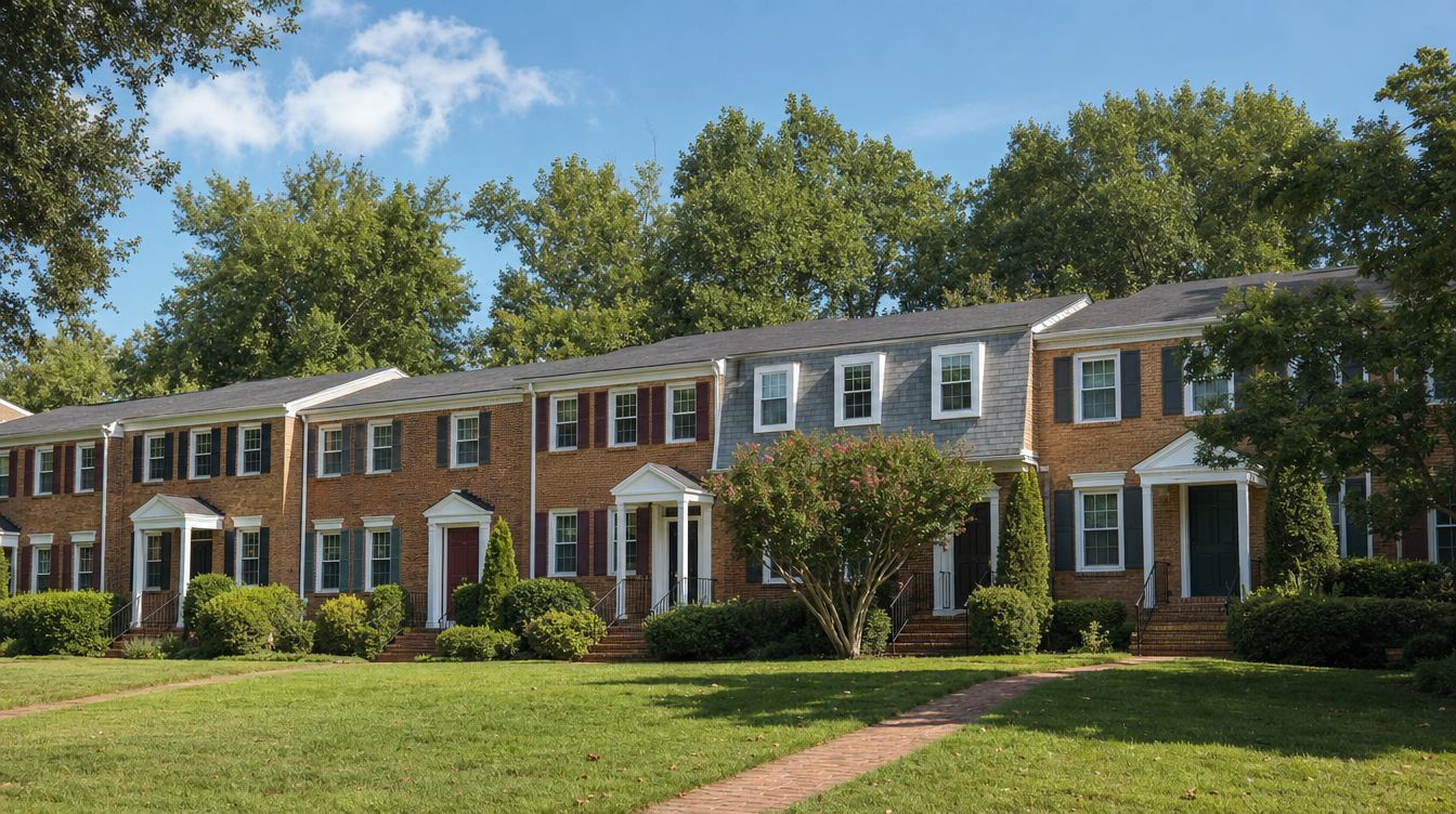 A row of colonial-style brick townhouses on Burke Pond Lane in late summer, with colored shutters, white porticos, brick steps, a crape myrtle in bloom and a shared lawn crossed by a brick walk