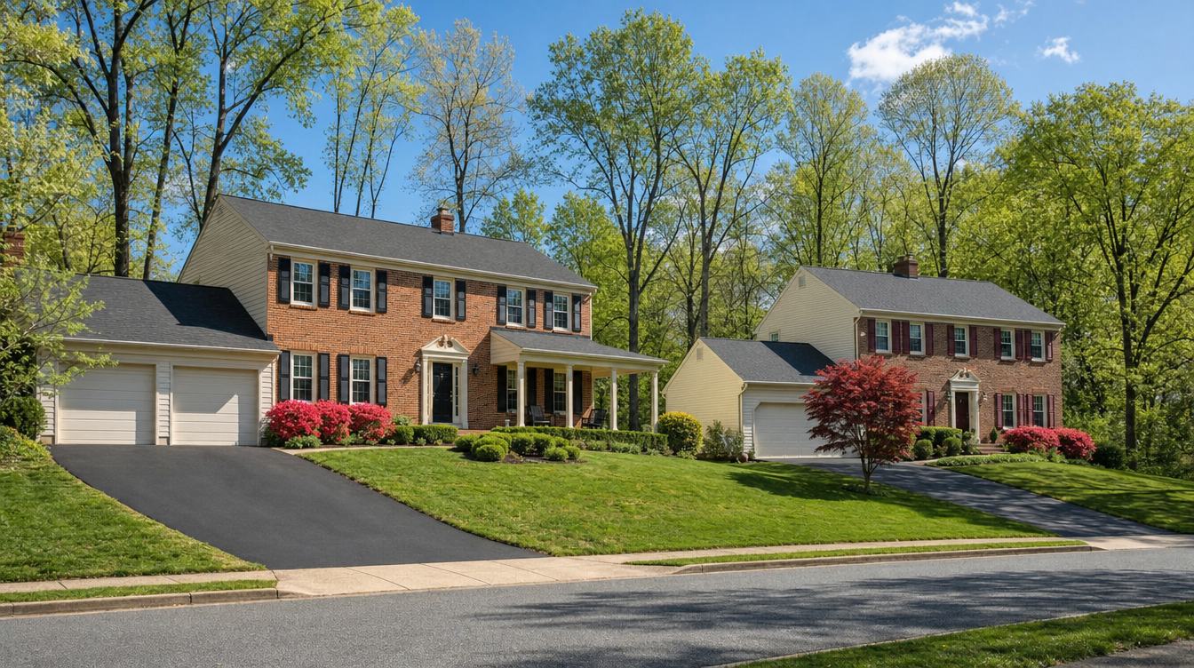 Two brick-front colonials with attached two-car garages on Parliament Drive in spring, with red azaleas, a red Japanese maple, clipped shrubs and tall fresh-leafed trees
