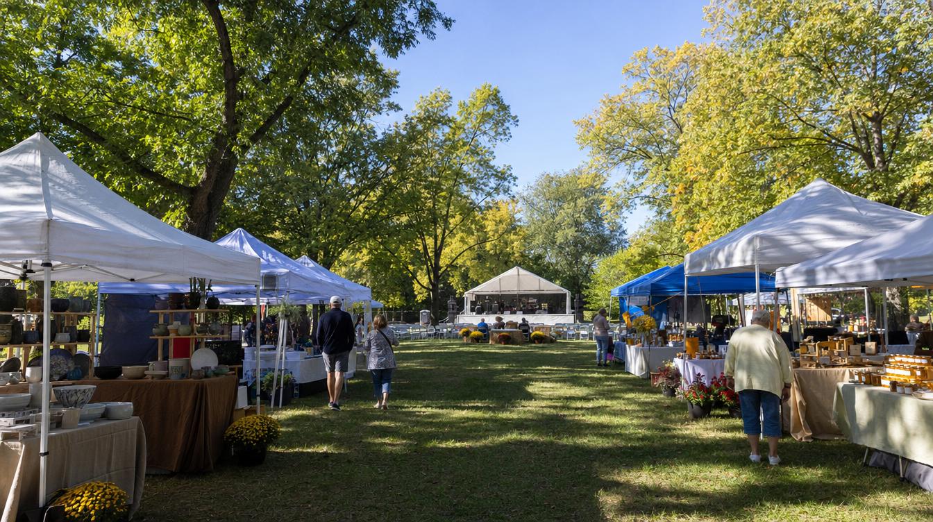 White and blue craft tents lining a grassy aisle under tall shade trees at the Burke Centre Festival, with a few visitors browsing the booths and a covered stage at the far end