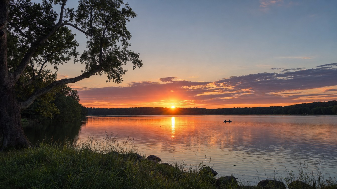 The sun setting over the long wooded far shore of Burke Lake, lighting the clouds orange and pink and shining on calm water, with a small boat out on the lake and a tree in silhouette