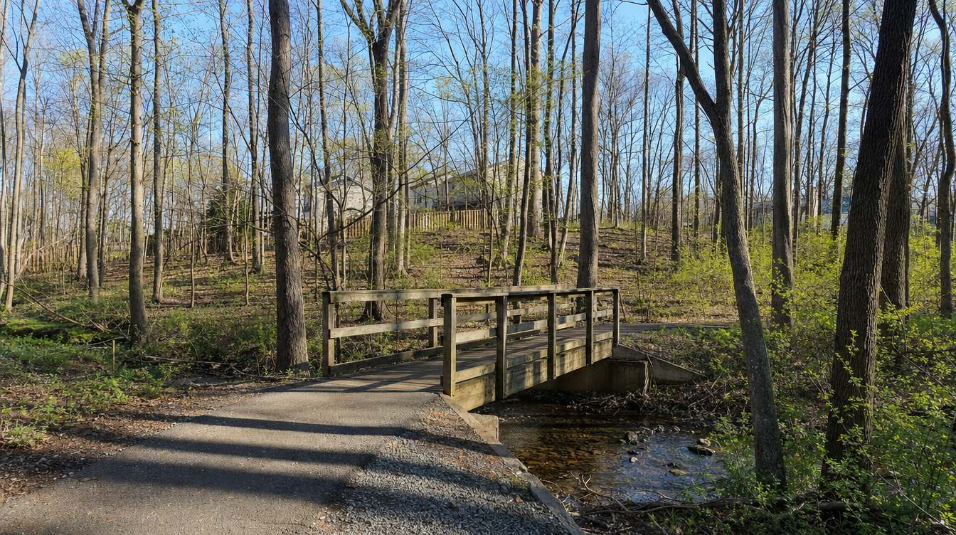 A simple wooden footbridge over a small stream on a paved path through bare, just-budding woods, with fresh green groundcover and townhouses far behind