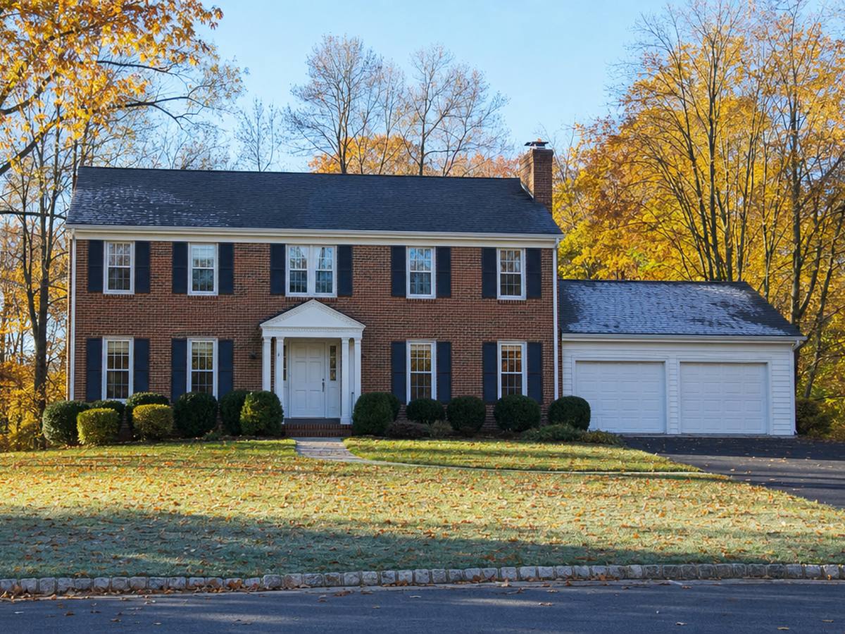 A brick center-hall colonial with black shutters and a two-car garage, framed by autumn woods on a frosty morning.