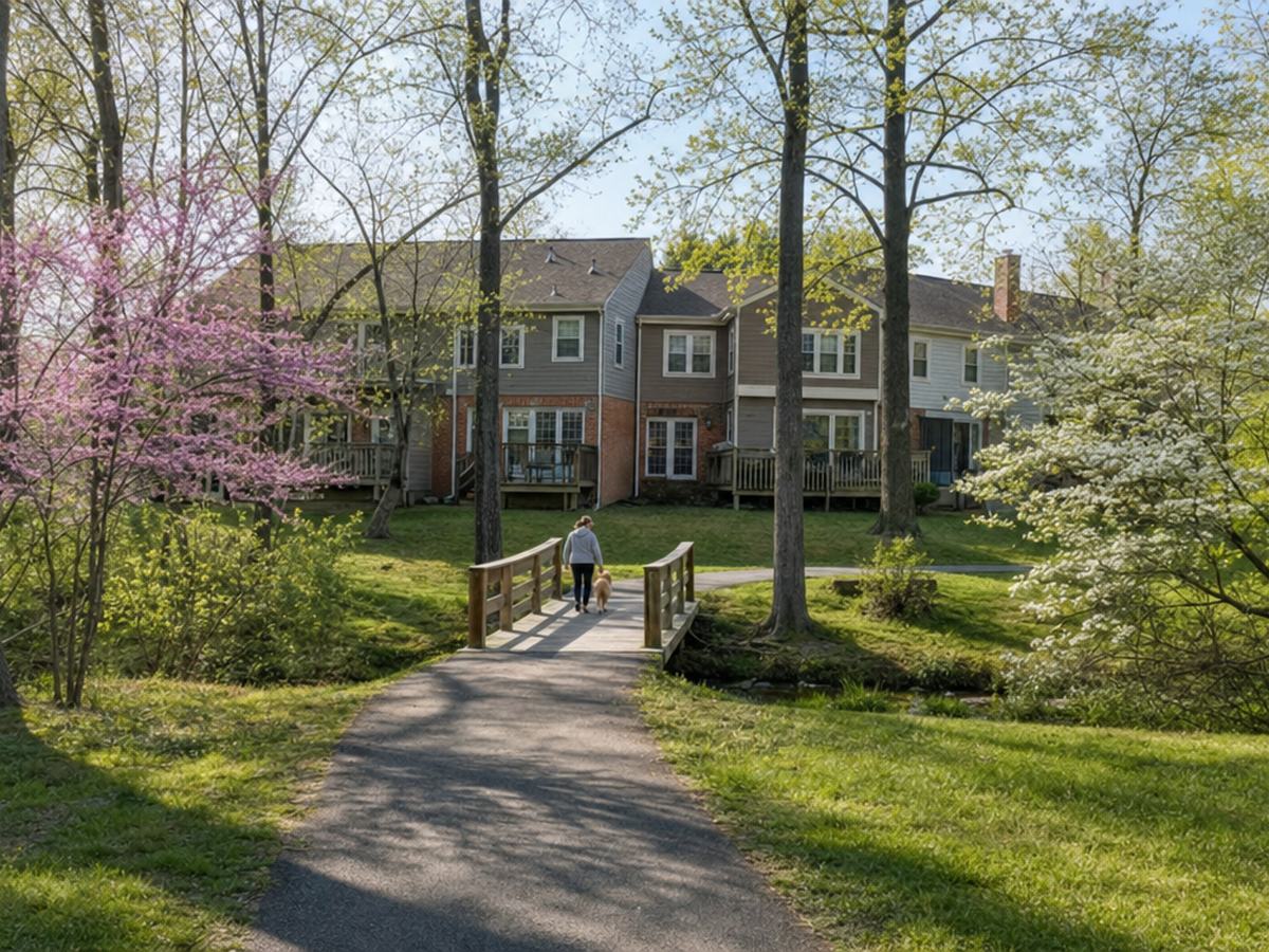 An asphalt path leads to a small wooden footbridge, with townhouses beyond the trees and redbud and dogwood in bloom.