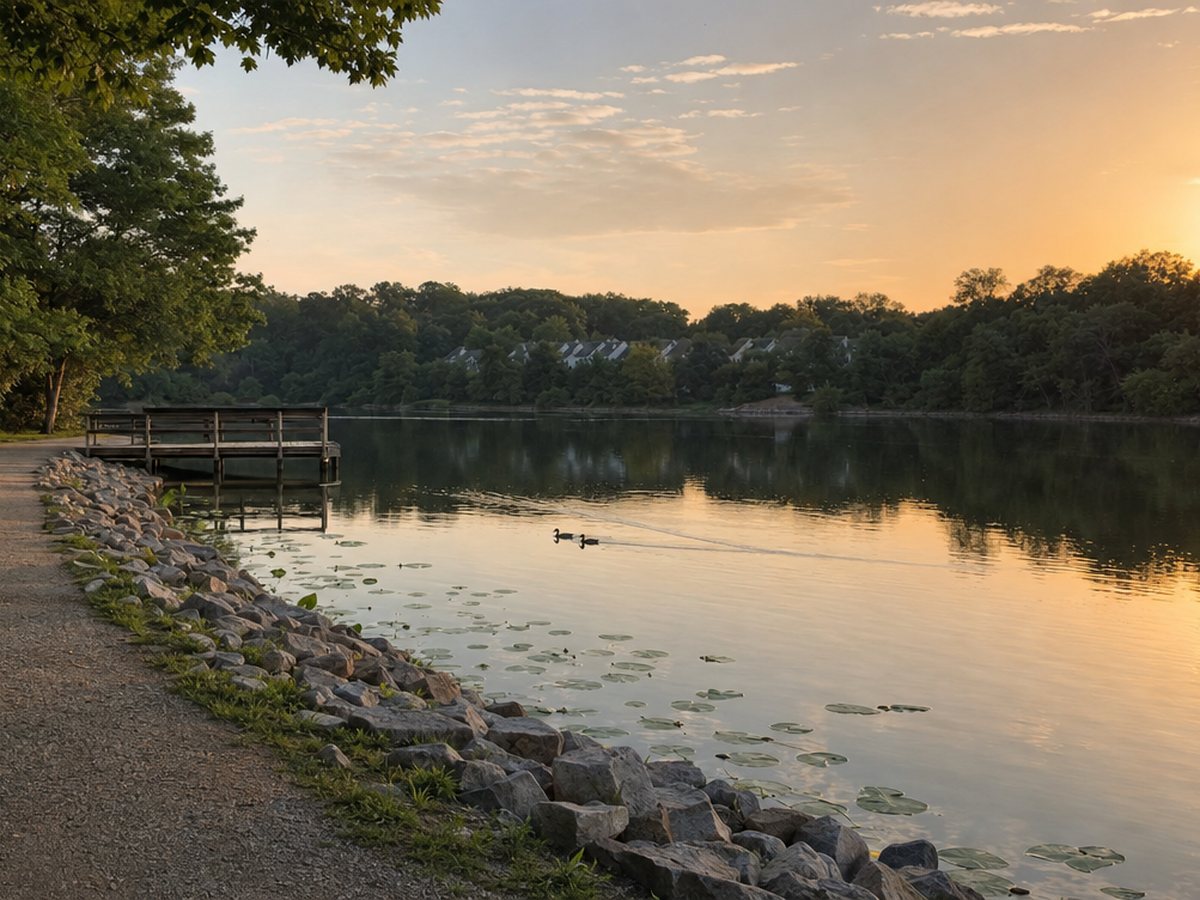 A gravel path along the rocky shore of Lake Braddock at sunset, with a small wooden pier and lily pads on calm water.