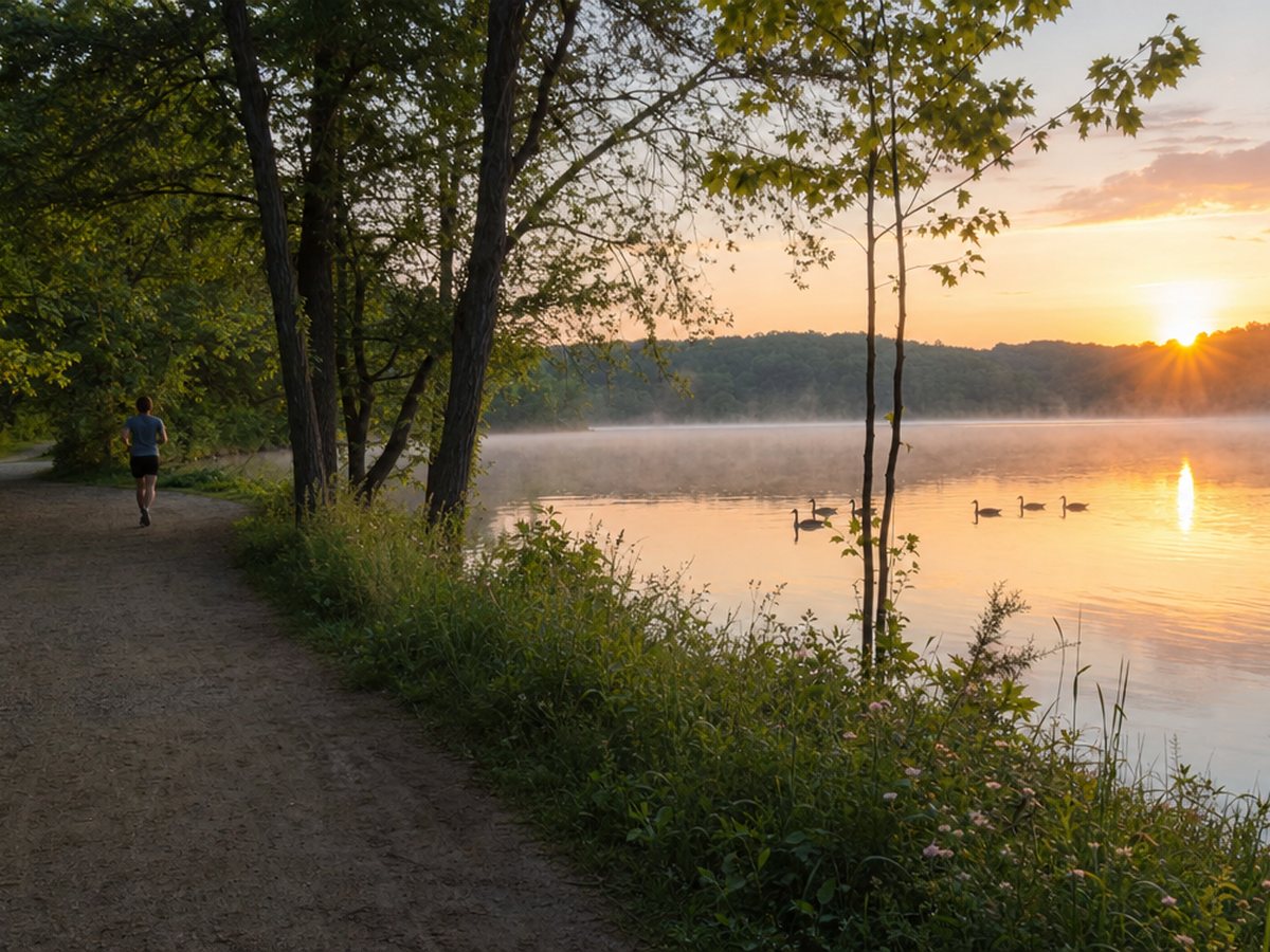A gravel trail along Burke Lake at sunrise, with mist on the water, geese and a jogger in the distance.