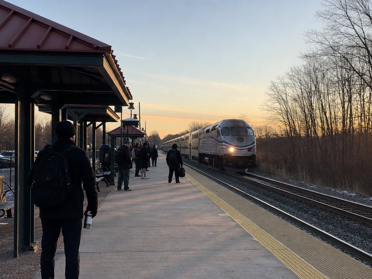 A silver commuter train arrives at the Burke Centre VRE platform at sunrise as commuters wait under green shelters with red roofs.