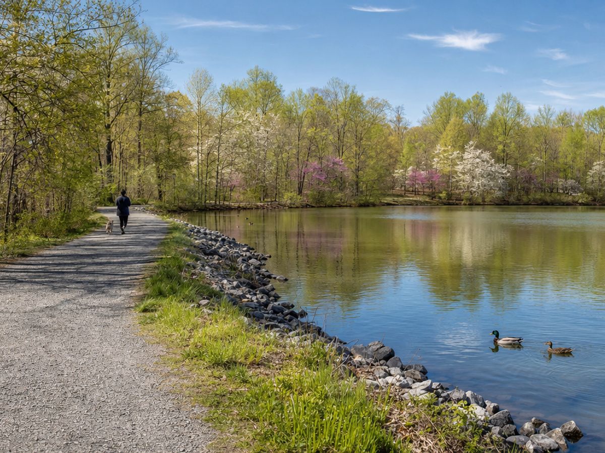 A gravel trail along the rocky shore of Royal Lake in spring, with redbud and dogwood on the far bank and ducks on the water.