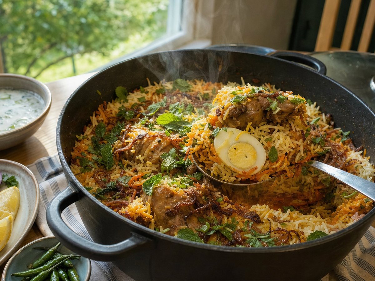 A pot of chicken biryani with layered rice, chicken and a boiled egg, with bowls of raita, onions and lemon on a table.