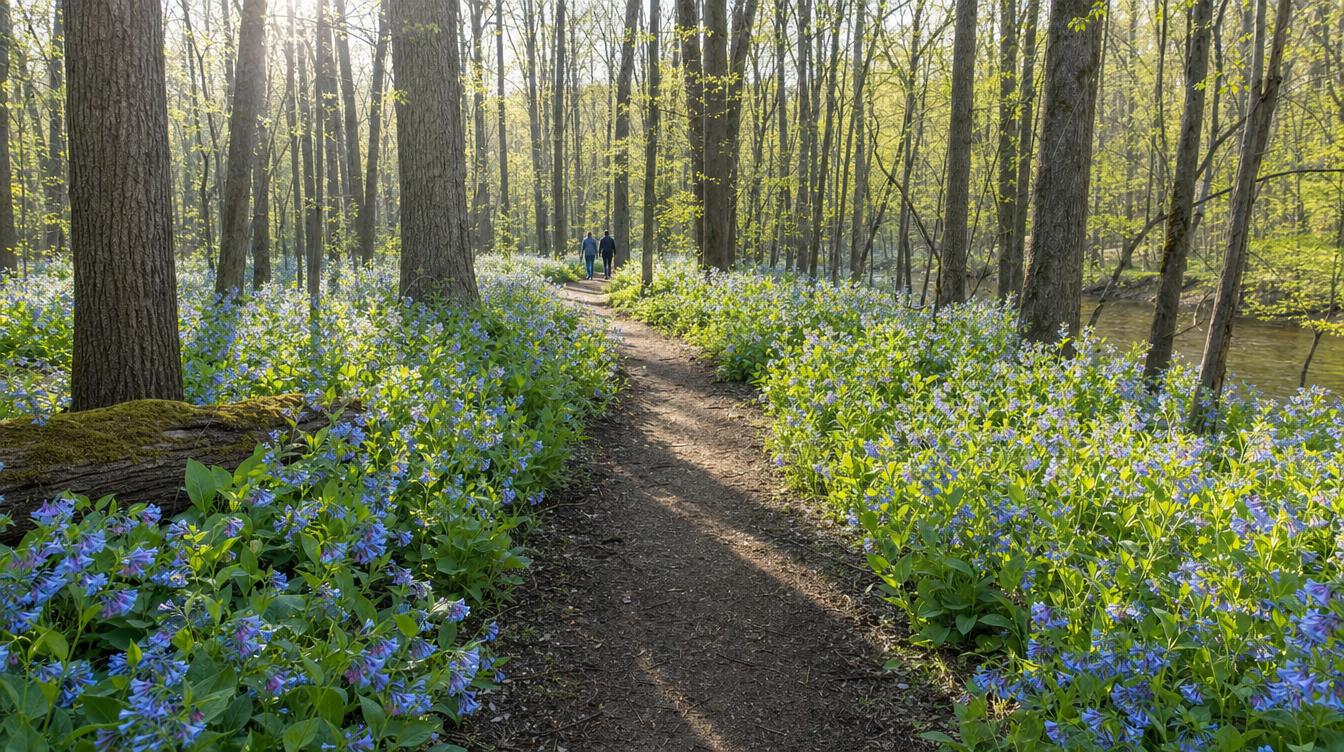 Virginia bluebells carpeting both sides of a dirt trail through spring woods along Bull Run, with two walkers far down the path and the river glinting through the trees at the right