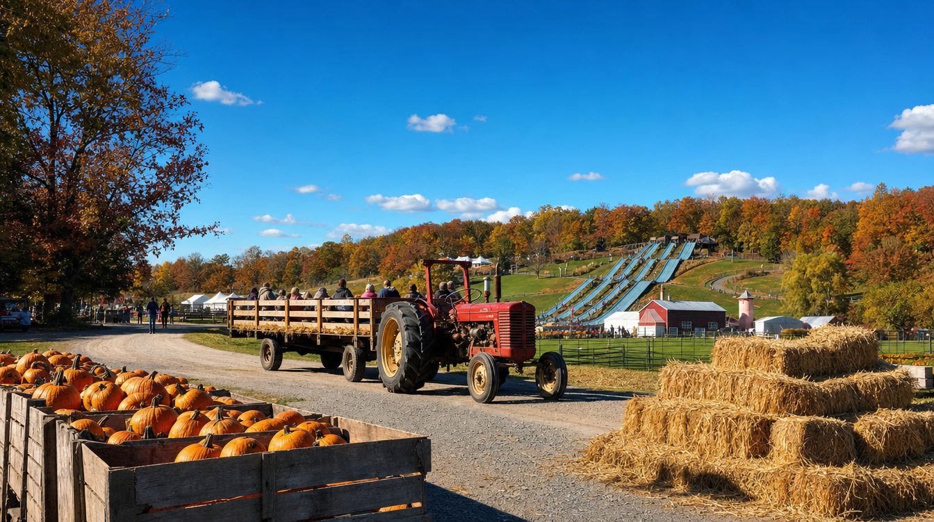 An old red tractor pulling an open hay wagon of riders along a gravel farm lane at Cox Farms in October, past wooden bins of orange pumpkins and stacked straw bales, with long blue slides on the hillside and fall trees beyond