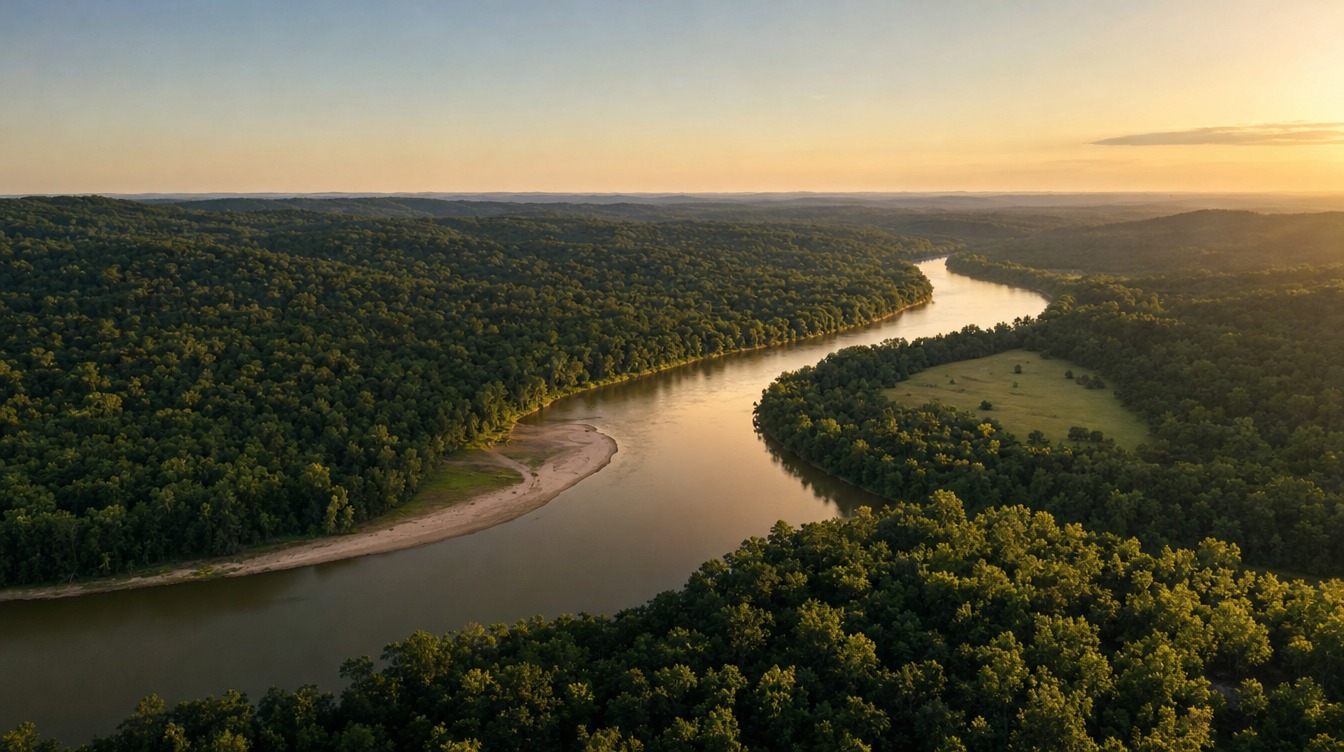 Bull Run seen from the air at golden hour, a wide brown-green river curving past a sandbar through unbroken summer forest, with a meadow and low wooded hills fading into haze