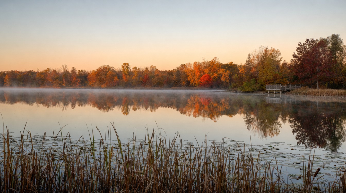 Walney Pond at an autumn sunrise, with mist on the still water, red and orange trees reflected on the surface, cattails and lily pads in front and a wooden observation deck on the far shore