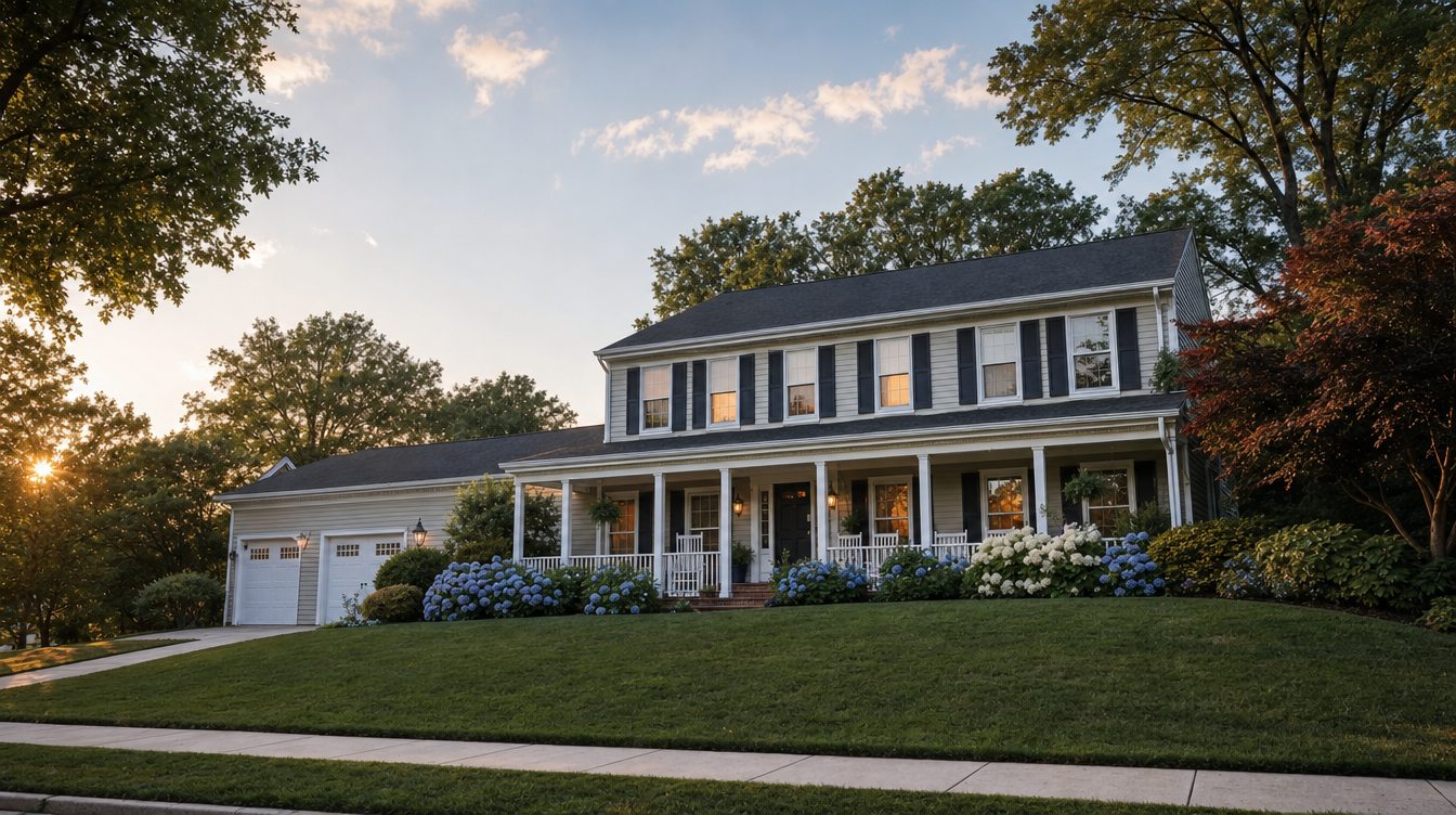 A two-story colonial with pale siding, dark shutters and a full-width white-columned front porch on a summer evening, with blue and white hydrangeas, an attached two-car garage and a sloped lawn under tall trees