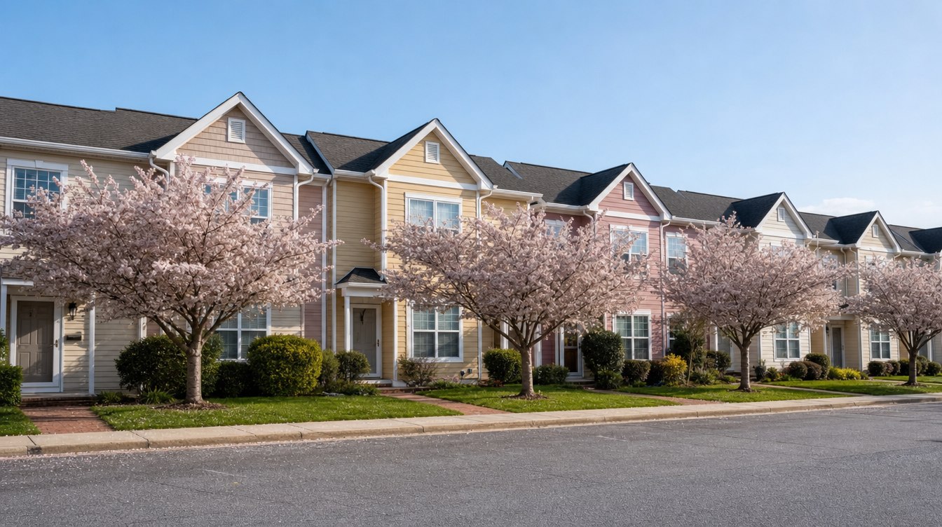 A row of pastel townhomes in peach, pale yellow, rose and cream siding with white trim and small gables, behind flowering trees in full pink and white bloom on a clear spring day
