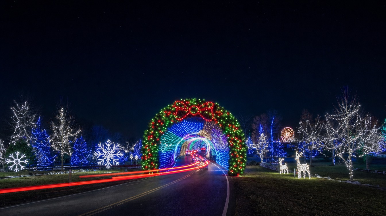 Cars driving through a tunnel of rainbow lights under a giant red-and-green wreath arch at the Bull Run Festival of Lights, with lit trees, snowflakes and reindeer along the dark park road and a lit Ferris wheel in the distance