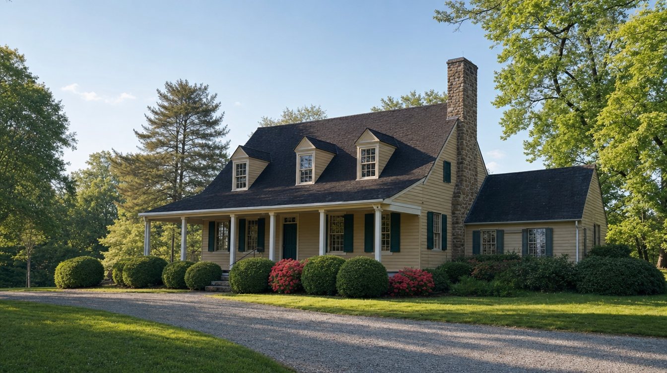 Mount Gilead, a story-and-a-half 18th-century house with pale yellow clapboard, three dormers, a massive fieldstone chimney and a long front porch, beside a gravel drive with boxwoods and red azaleas under tall trees