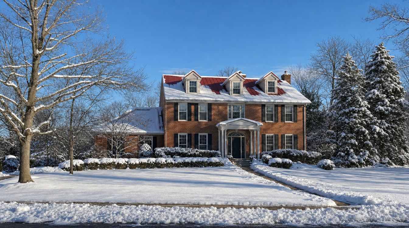 A large brick-front colonial with a red standing-seam metal roof and three white dormers after a snowfall, with a shoveled front walk, snow-covered shrubs and lawn, bare trees and snowy evergreens under a blue sky