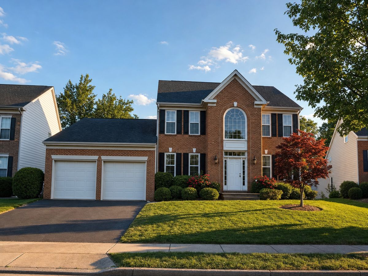 Brick-front two-story colonial with a tall arched window over the door, a two-car garage and a red Japanese maple on a green lawn in late-afternoon light.