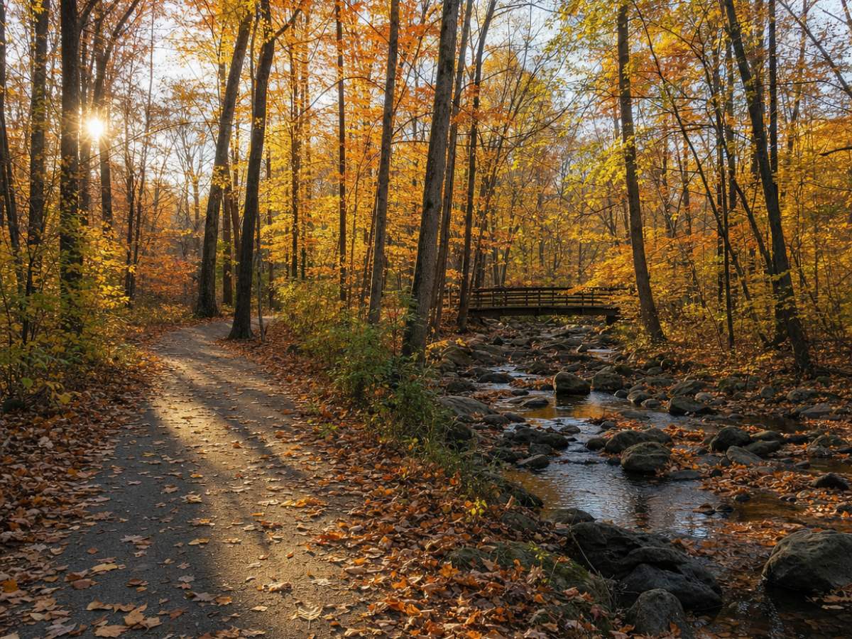 Leaf-covered paved trail beside a rocky stream with a wooden footbridge under tall orange and gold fall trees.