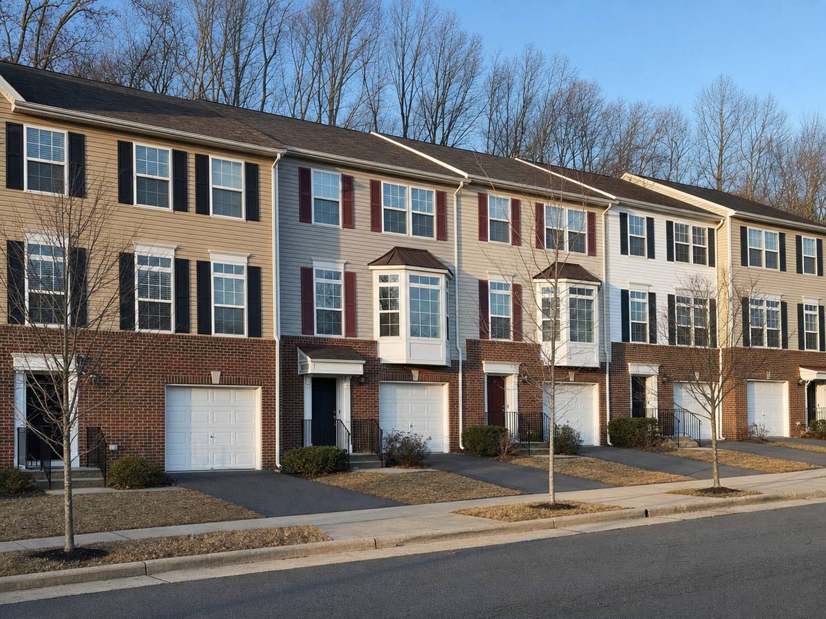 Row of three-level townhouses with brick lower floors, white garage doors, tan, gray and white siding, bay windows and bare winter trees behind.