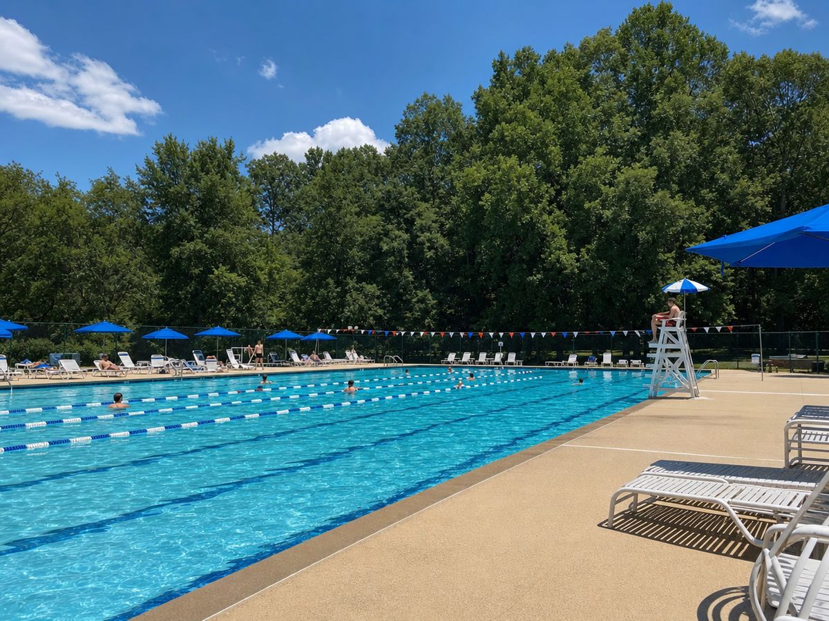 Large community lap pool with lane ropes, pennant flags, a white lifeguard chair, white loungers and blue umbrellas in front of tall green woods.