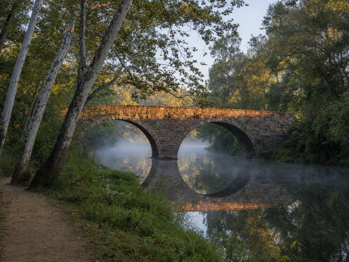 The Stone Bridge over Bull Run, two round stone arches reflected in the still, misty creek, with a dirt trail along the bank.