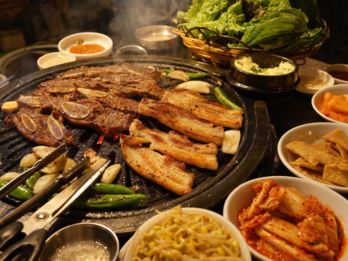 Korean barbecue short ribs and pork belly sizzling on a round tabletop grill with garlic and green chilies, surrounded by small dishes of kimchi, bean sprouts and lettuce.