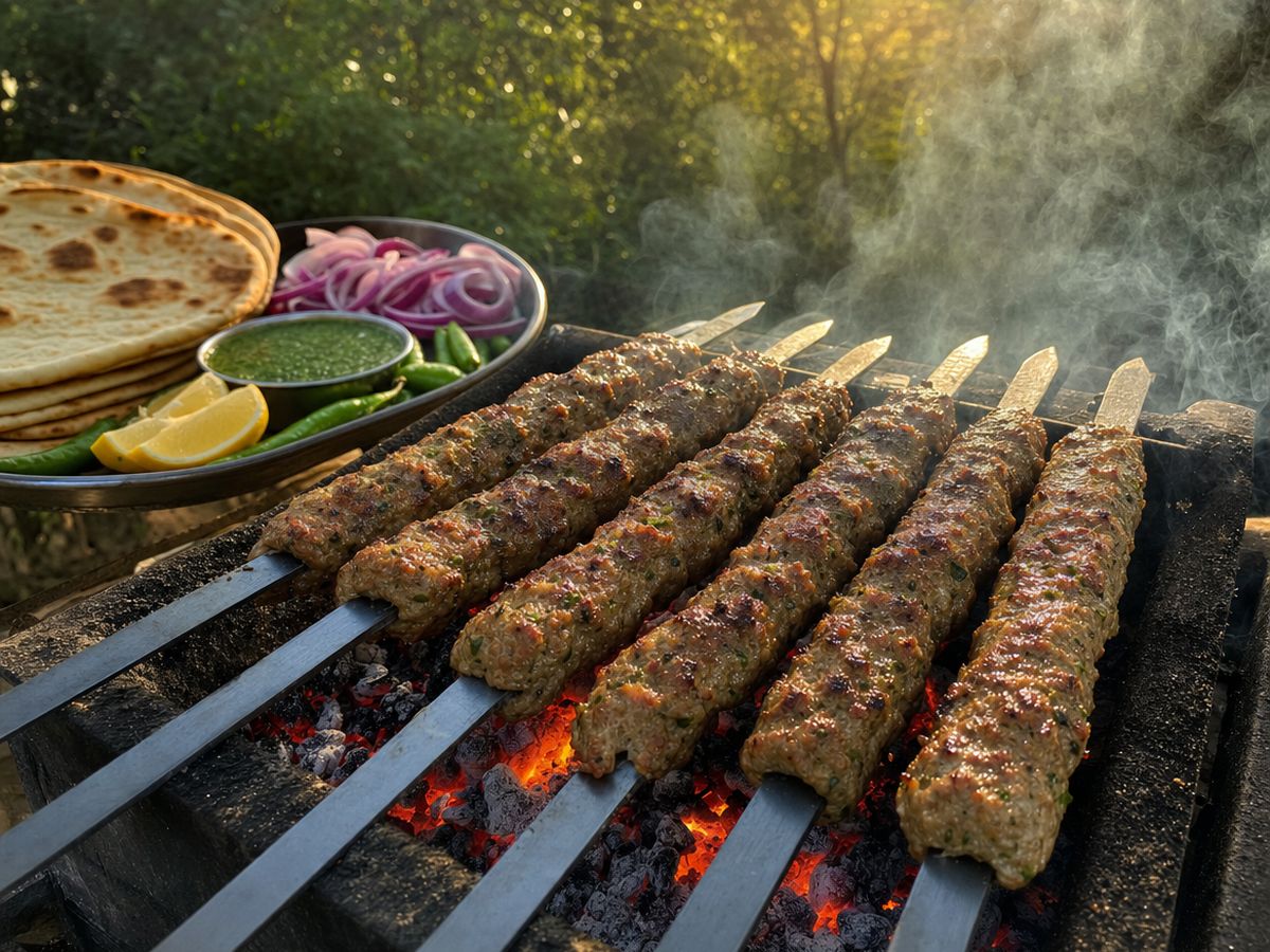 Seekh kebabs on long flat skewers grilling over glowing charcoal, with naan, red onion rings, lemon wedges, green chutney and chilies beside the grill.