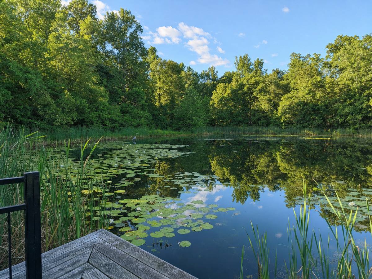 Still pond with lily pads, white water lilies and cattails reflecting tall green trees, seen from the end of a wooden deck with a black railing, with a heron in the shallows.