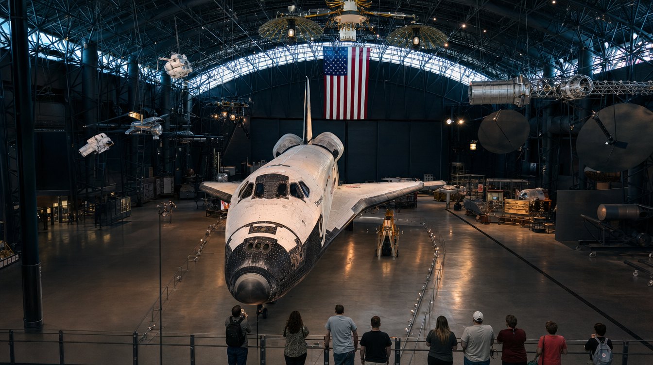 Space Shuttle Discovery under a hanging American flag in the arched space hangar of the Smithsonian's Udvar-Hazy Center, with visitors seen from behind at the rail