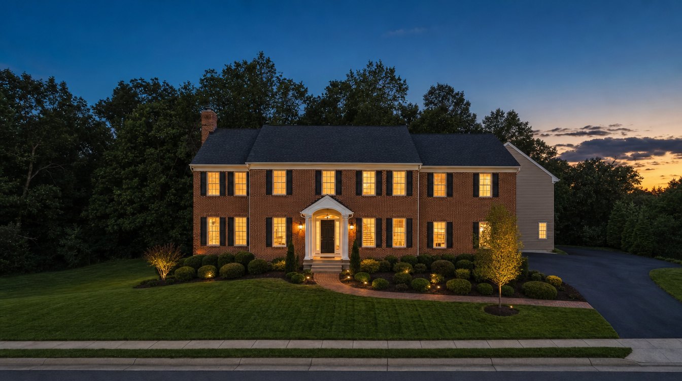 A brick-front two-story colonial at twilight with every window lit, black shutters, a white portico, landscape lights along the beds and a side-load garage, on a wide sloping lawn