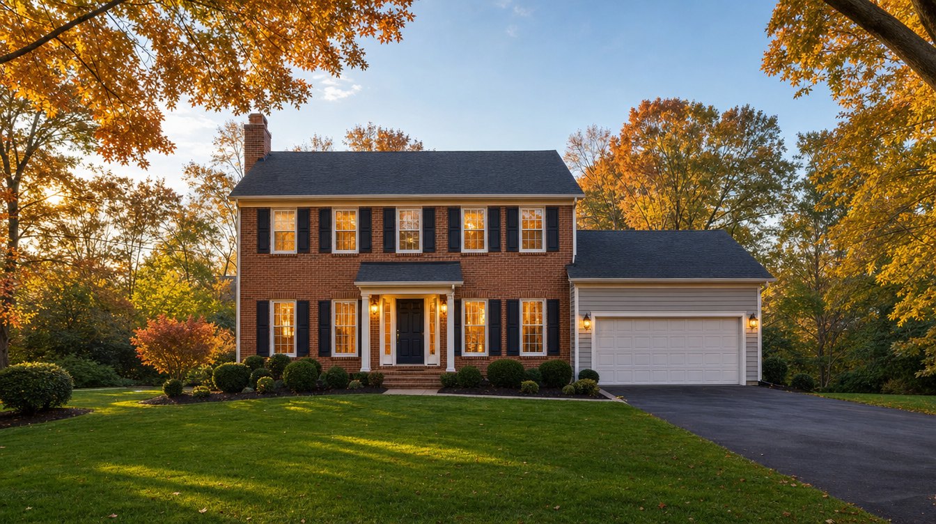 A brick colonial with black shutters and an attached two-car garage in golden autumn light, porch lights on, a red maple by the steps and a curving driveway