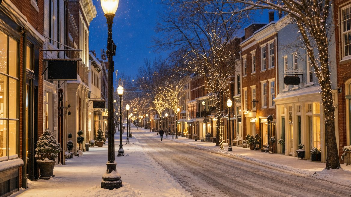 King Street in Old Town Alexandria after a snowfall at dusk, its brick shopfronts and street trees strung with small white lights