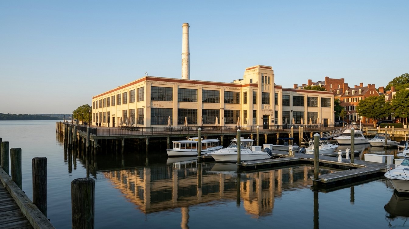 The cream-colored Torpedo Factory Art Center and its white smokestack across the calm Old Town marina in late-day sun