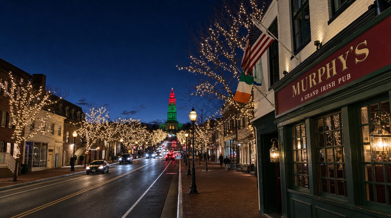 King Street at night in December, its bare street trees wrapped in small white lights, with the Murphy's Grand Irish Pub sign at the right and the Masonic Memorial tower lit red and green at the top of the street