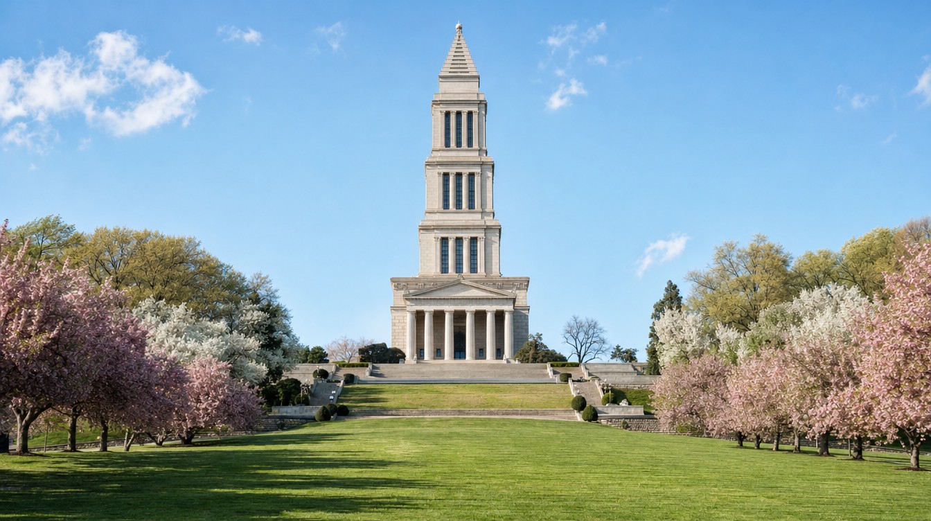 The pale granite George Washington Masonic National Memorial on Shooter's Hill, its columned tower above wide stone terraces and a long lawn lined with pink and white flowering trees, under a blue spring sky