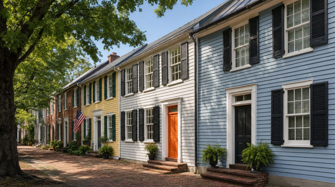 Small attached clapboard and brick rowhouses on the 400 block of Queen Street in summer, painted blue, white and butter yellow with dark shutters, an orange door, tin roofs and potted ferns on the brick stoops along a brick sidewalk