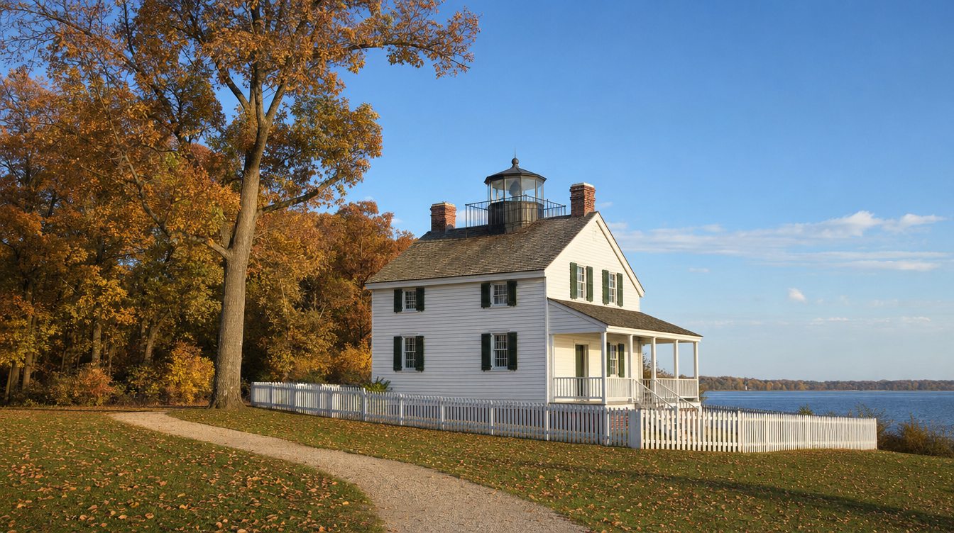 The white clapboard Jones Point Lighthouse with a small lantern on its roof ridge, a chimney at each end and a white-railed porch, behind a white picket fence on a lawn by the Potomac, with fall trees beside it