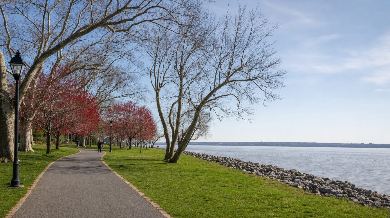 A curving path through Founders Park beside the Potomac in early spring, with red maples in bloom, big bare sycamores, black lampposts, a green lawn and stone riprap along the wide calm river