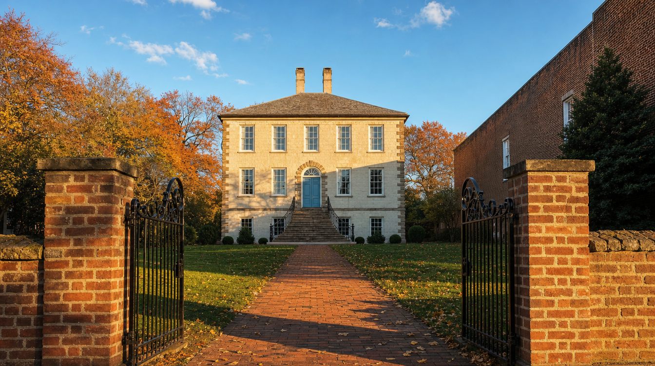 Carlyle House seen through open iron gates in red-brick piers, down a brick walk to its pale stone front with a blue door under a fanlight, tall stone steps and two chimneys, among orange fall trees