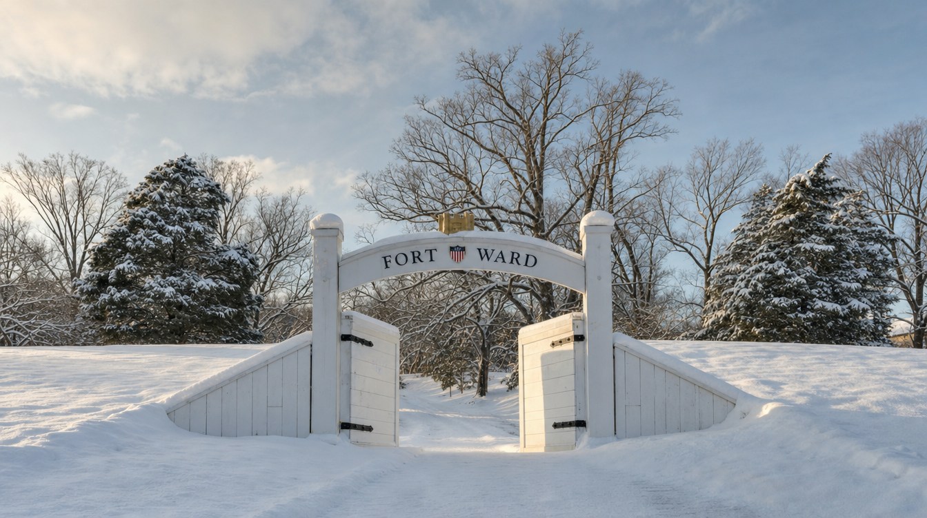 The white wooden gate of Fort Ward after a snowfall, its arch reading FORT WARD around a small shield, the plank doors open onto a snowy path, with snowy earthworks, cedars and bare trees around it
