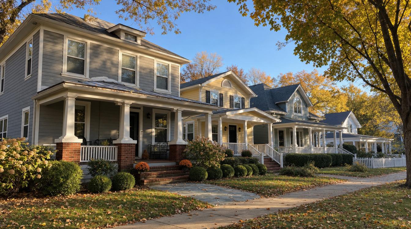 Early-1900s houses with deep white-railed front porches on East Alexandria Avenue in Del Ray in the fall, a gray foursquare on brick piers, a yellow bungalow and a gray-green house, with mums on the steps and yellow street trees