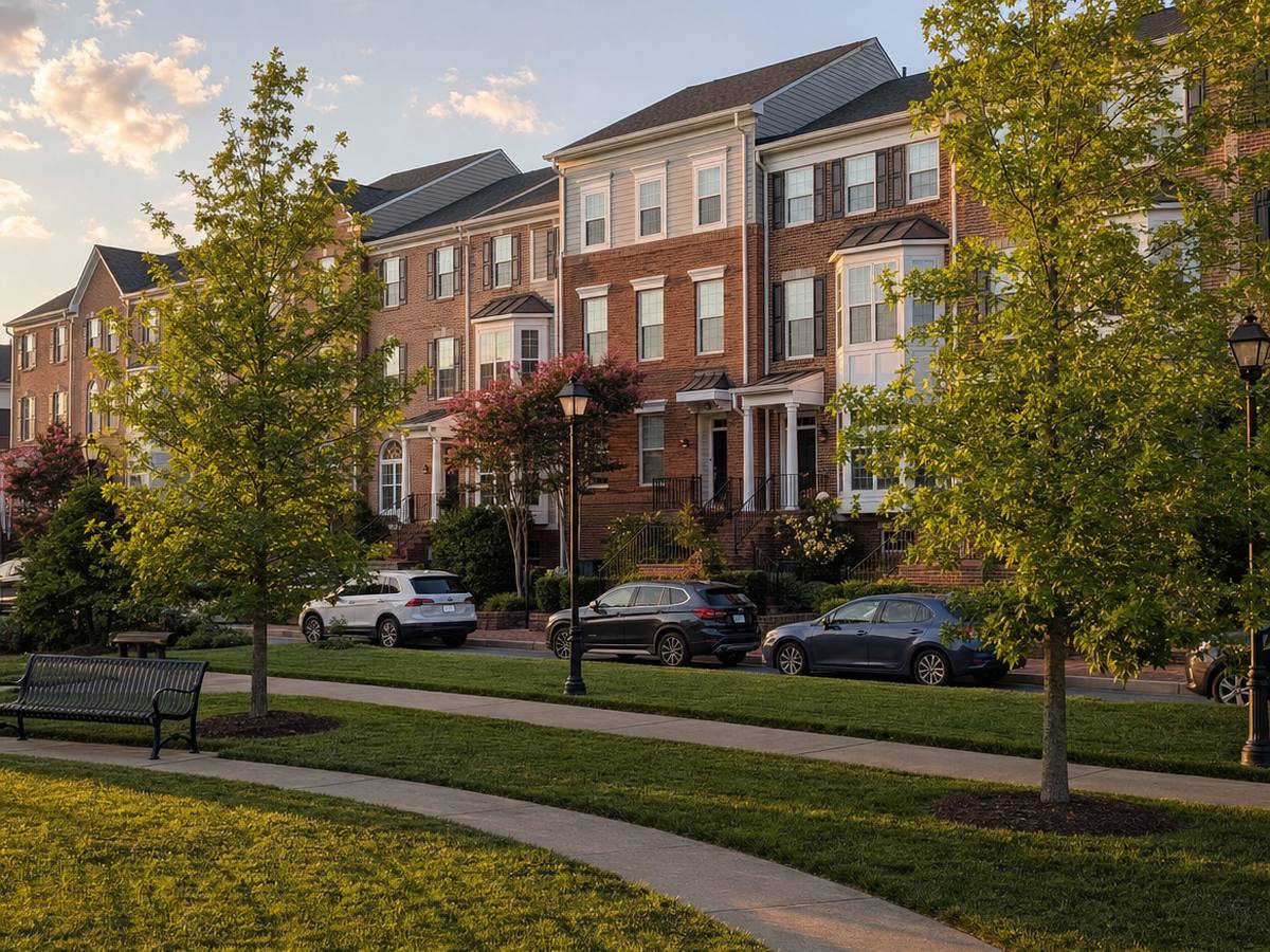 Row of brick townhouses with white porticos and bay windows facing a small neighborhood green with a bench, curving path and young trees at sunset.