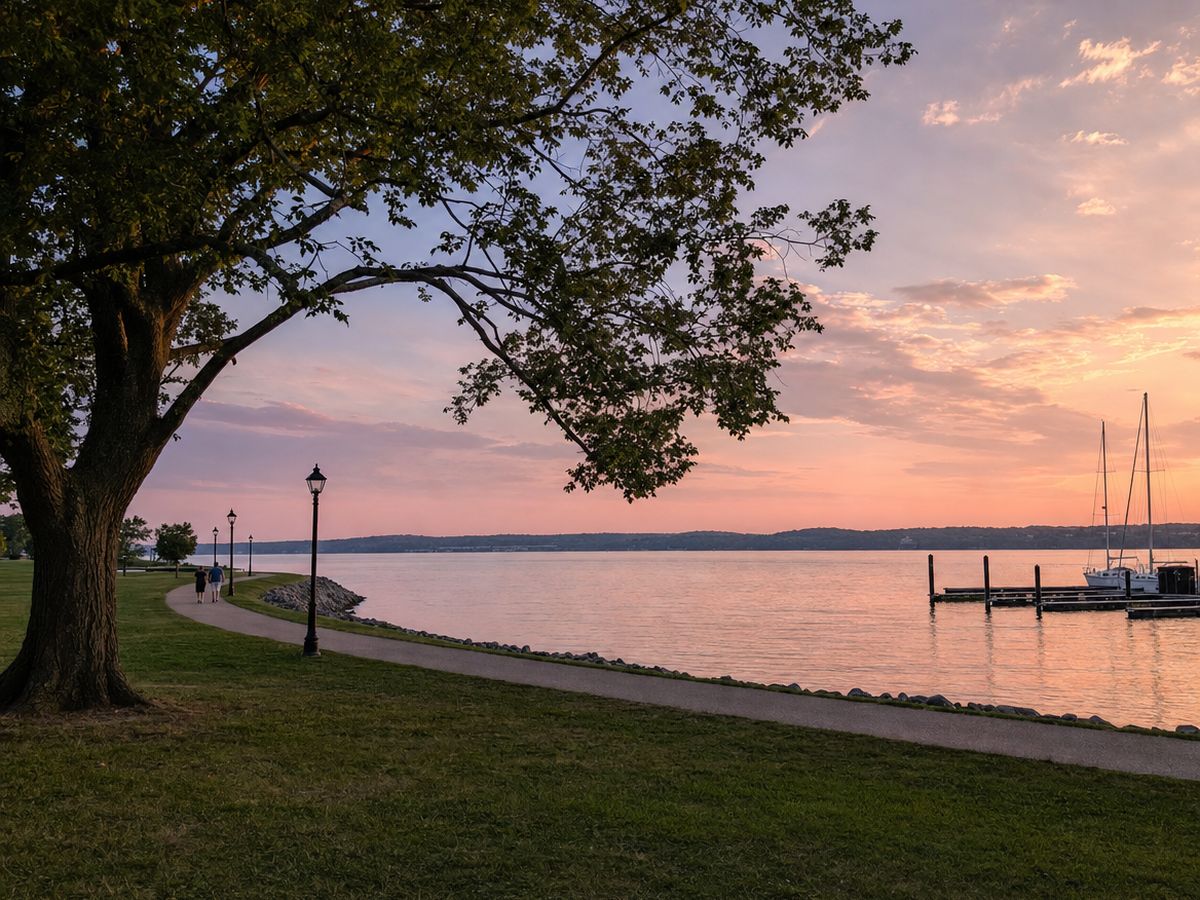 Large shade tree and a curving lamp-lit path along the Potomac at Founders Park at sunset, with marina pilings and sailboats on the calm river.