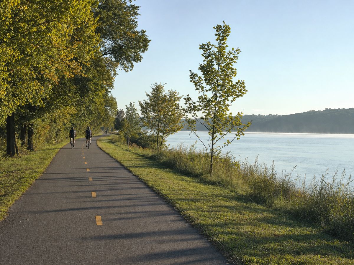 Paved Mount Vernon Trail with a dashed yellow line curving beside the Potomac River on a clear morning, with two distant cyclists riding away.