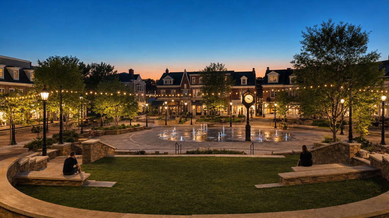 Old Town Square at dusk, with a terraced lawn ringed by curved stone seat walls, a lit splash plaza and a black four-faced street clock, string lights and brick buildings around it, and two people sitting on the walls